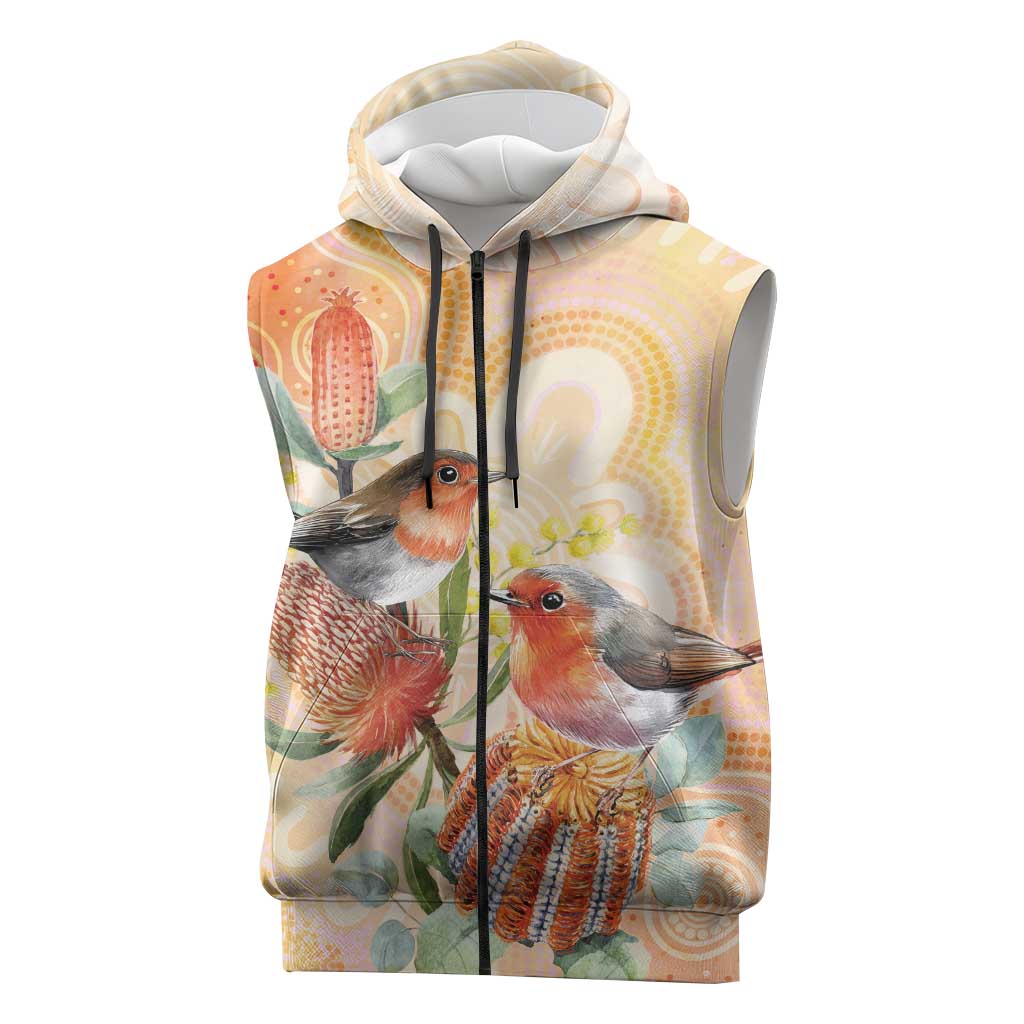 Australia Flame Robin Sleeveless Zip Hoodie Petroica Phoenicea Banksia Indigenous Art - Aussie Hoodie