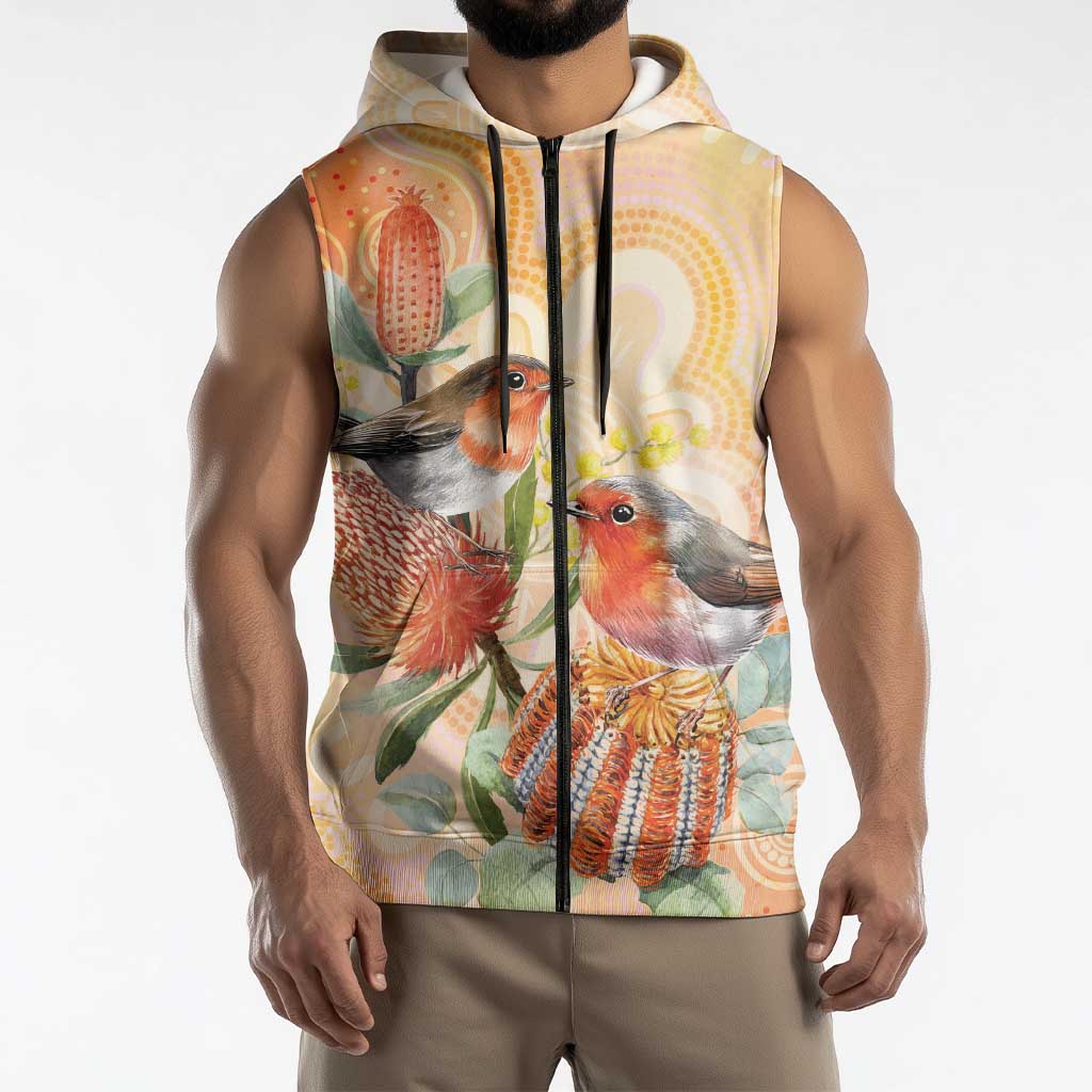Australia Flame Robin Sleeveless Zip Hoodie Petroica Phoenicea Banksia Indigenous Art - Aussie Hoodie