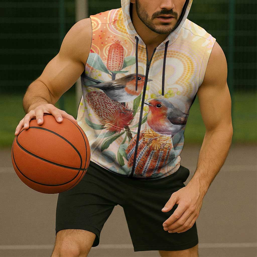 Australia Flame Robin Sleeveless Zip Hoodie Petroica Phoenicea Banksia Indigenous Art - Aussie Hoodie