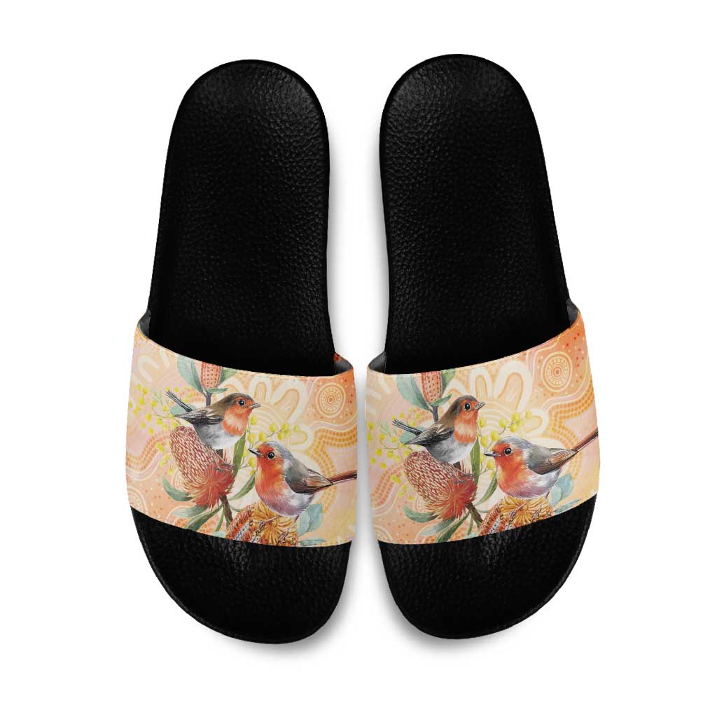 Australia Flame Robin Slide Sandals Petroica Phoenicea Banksia Indigenous Art - Aussie Hoodie