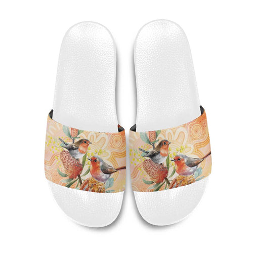 Australia Flame Robin Slide Sandals Petroica Phoenicea Banksia Indigenous Art - Aussie Hoodie