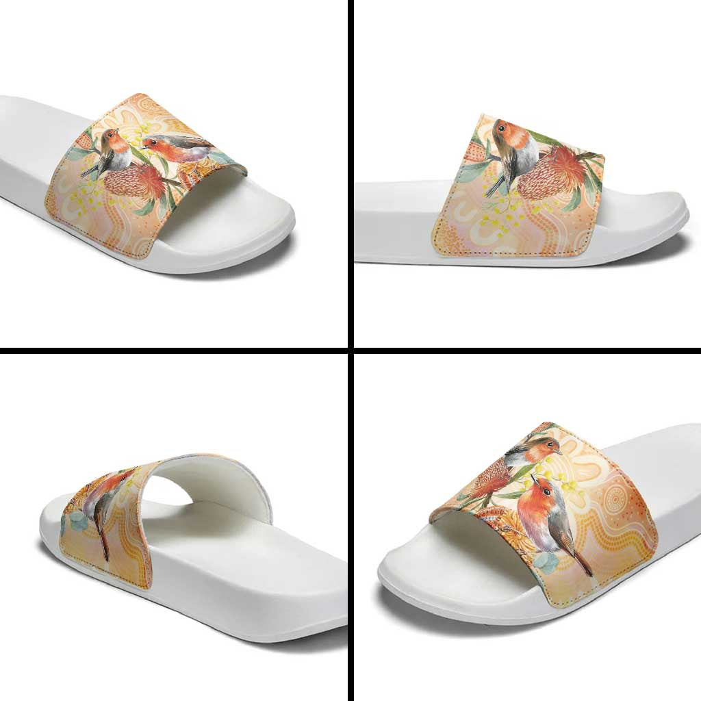 Australia Flame Robin Slide Sandals Petroica Phoenicea Banksia Indigenous Art - Aussie Hoodie