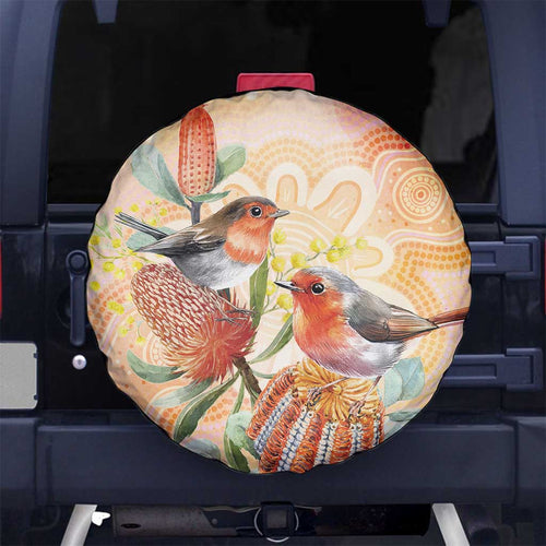 Australia Flame Robin Spare Tire Cover Petroica Phoenicea Banksia Indigenous Art - Aussie Hoodie