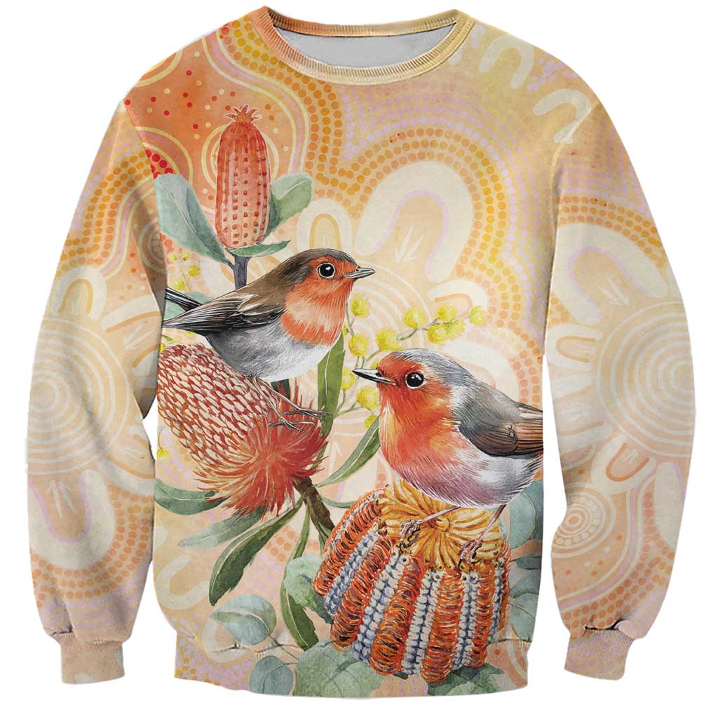 Australia Flame Robin Sweatshirt Petroica Phoenicea Banksia Indigenous Art - Aussie Hoodie