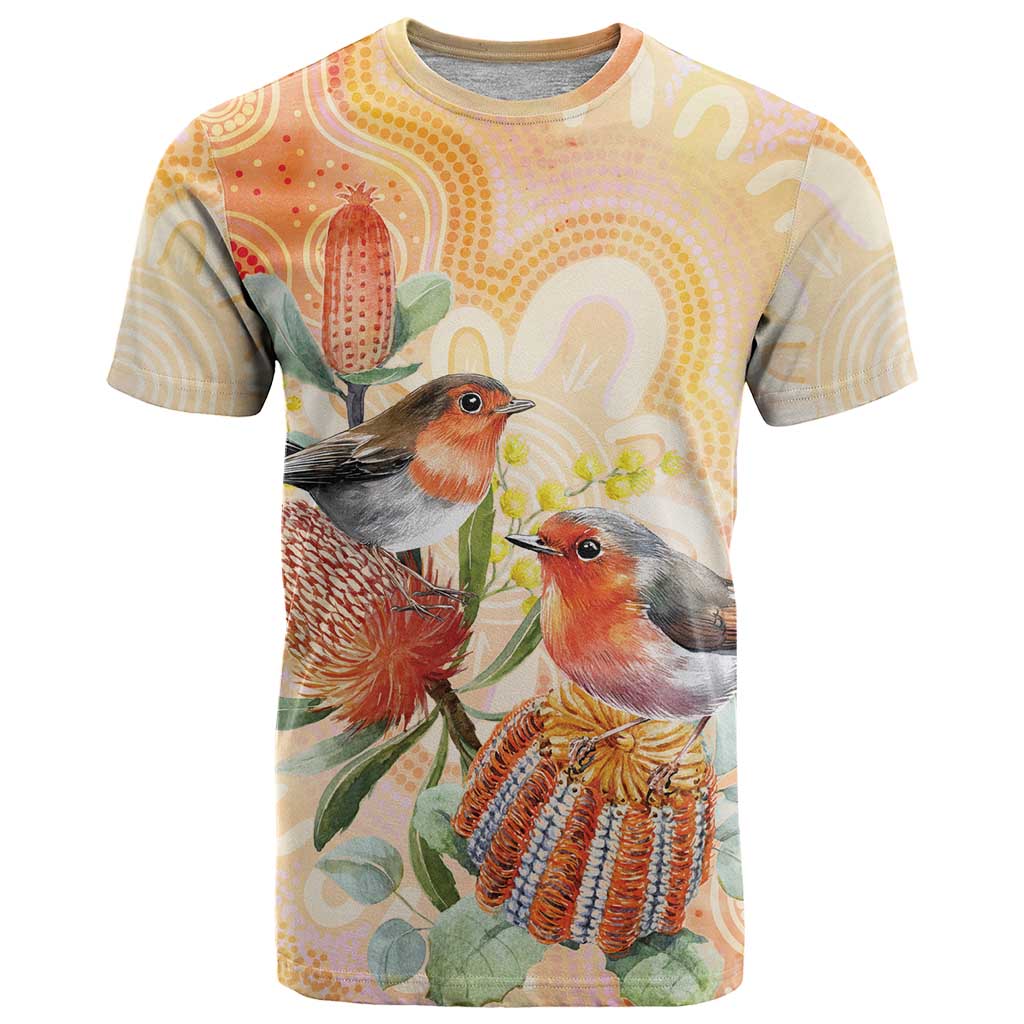 Australia Flame Robin T Shirt Petroica Phoenicea Banksia Indigenous Art - Aussie Hoodie