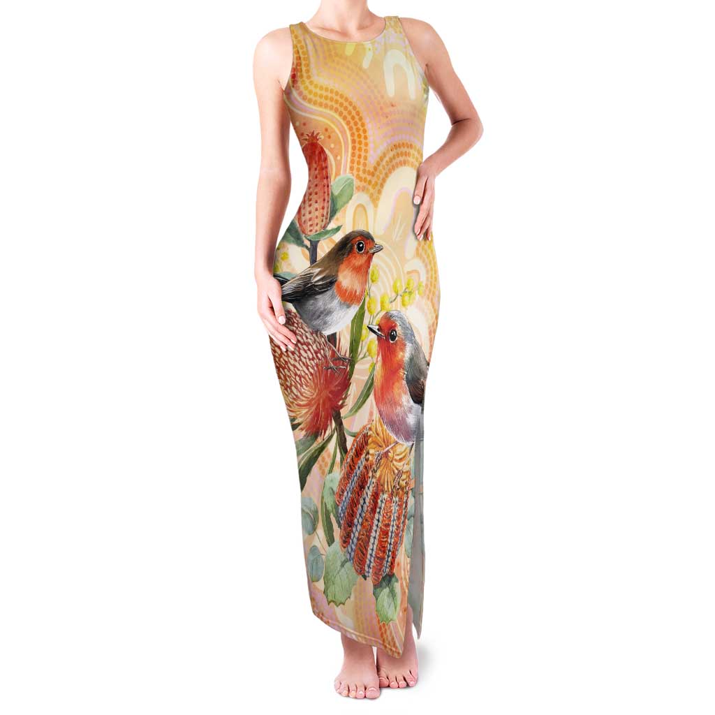 Australia Flame Robin Tank Maxi Dress Petroica Phoenicea Banksia Indigenous Art - Aussie Hoodie