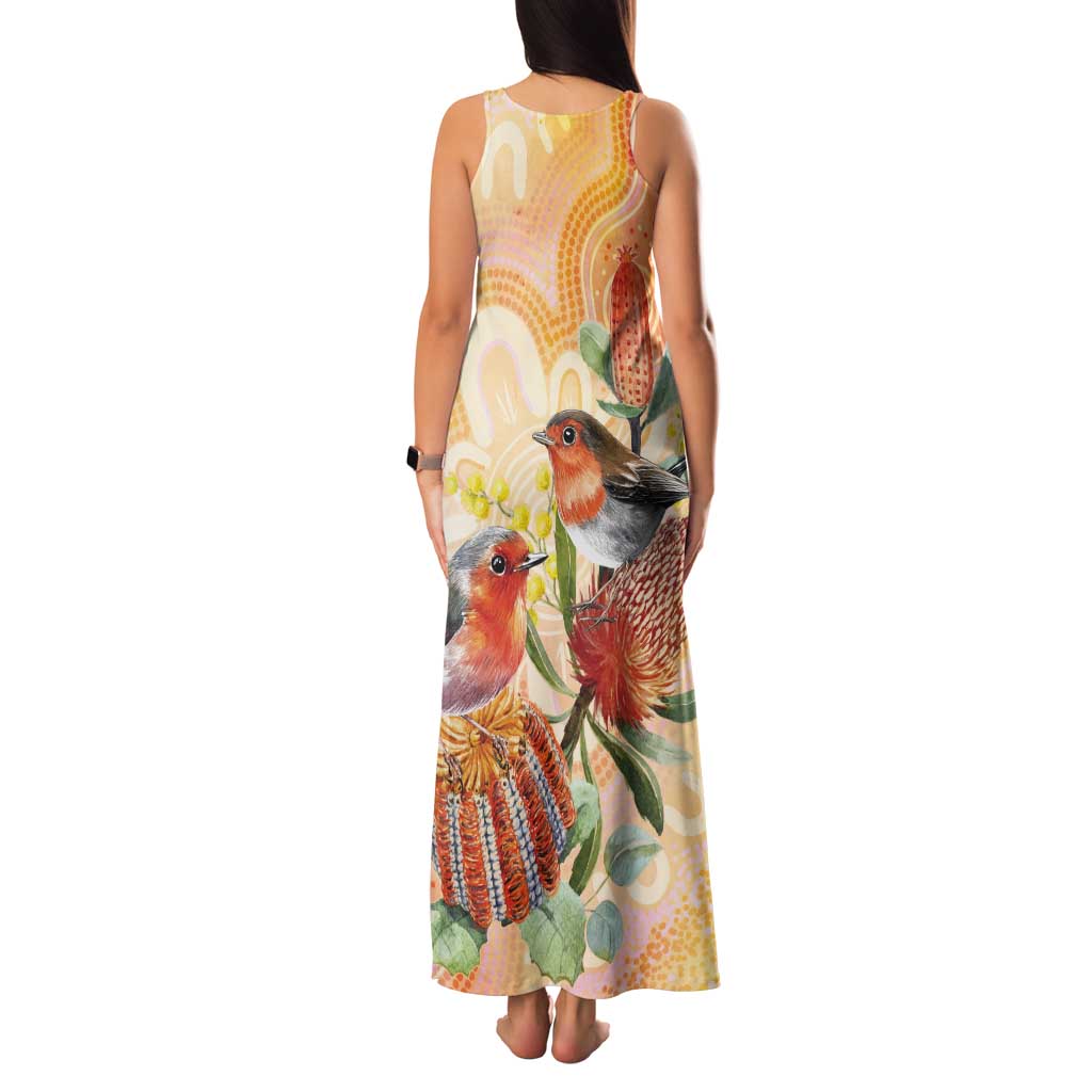 Australia Flame Robin Tank Maxi Dress Petroica Phoenicea Banksia Indigenous Art - Aussie Hoodie