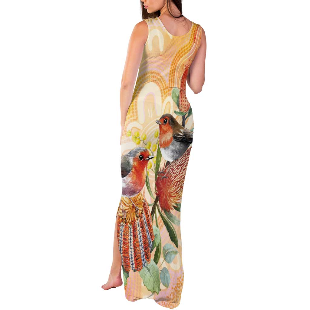 Australia Flame Robin Tank Maxi Dress Petroica Phoenicea Banksia Indigenous Art - Aussie Hoodie
