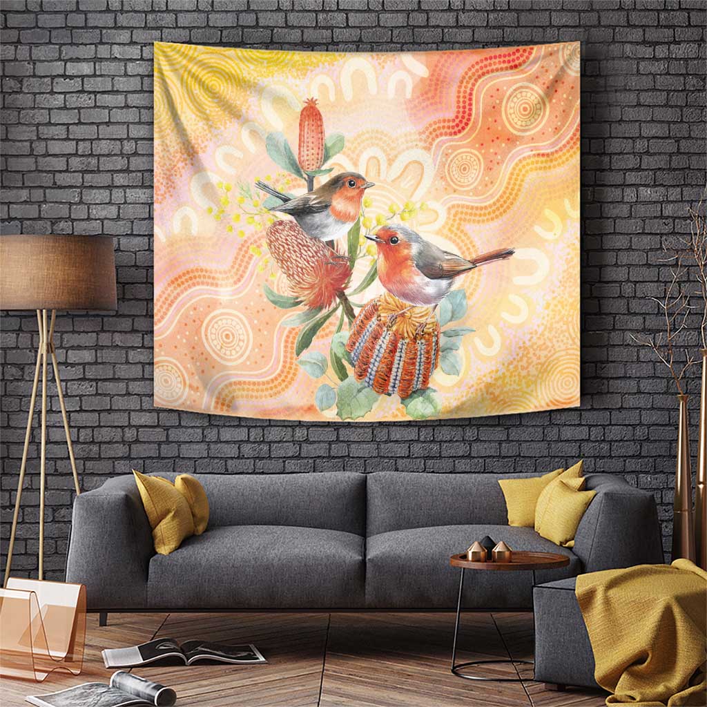 Australia Flame Robin Tapestry Petroica Phoenicea Banksia Indigenous Art - Aussie Hoodie