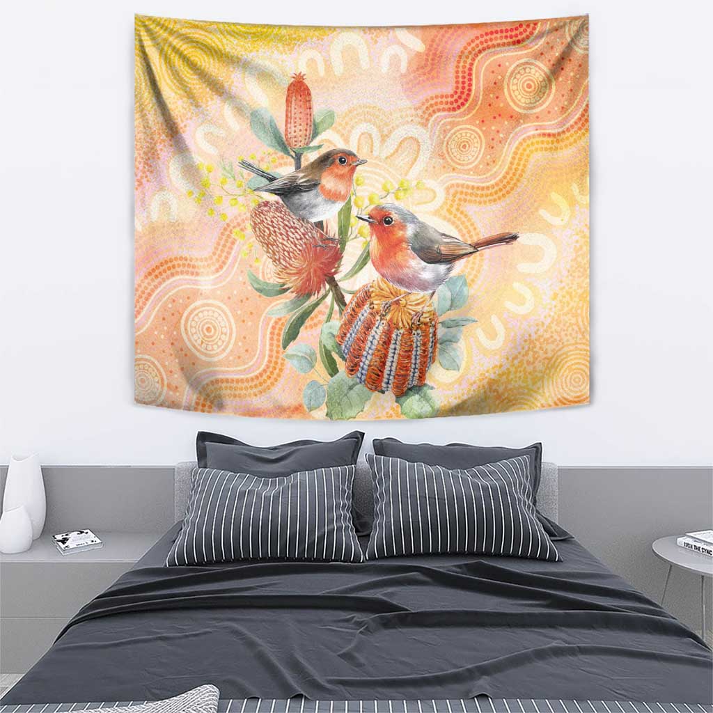 Australia Flame Robin Tapestry Petroica Phoenicea Banksia Indigenous Art - Aussie Hoodie