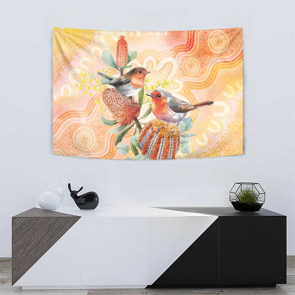 Australia Flame Robin Tapestry Petroica Phoenicea Banksia Indigenous Art - Aussie Hoodie