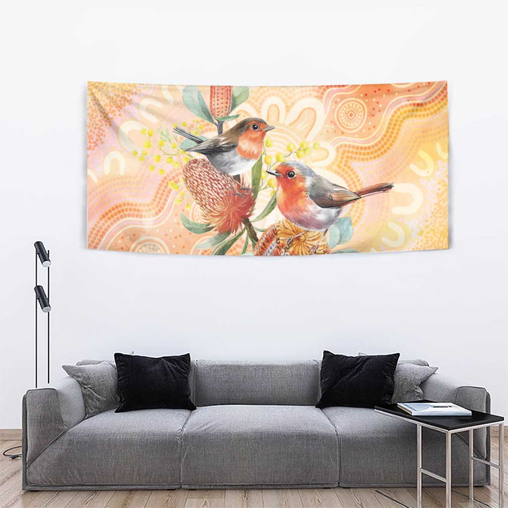 Australia Flame Robin Tapestry Petroica Phoenicea Banksia Indigenous Art - Aussie Hoodie