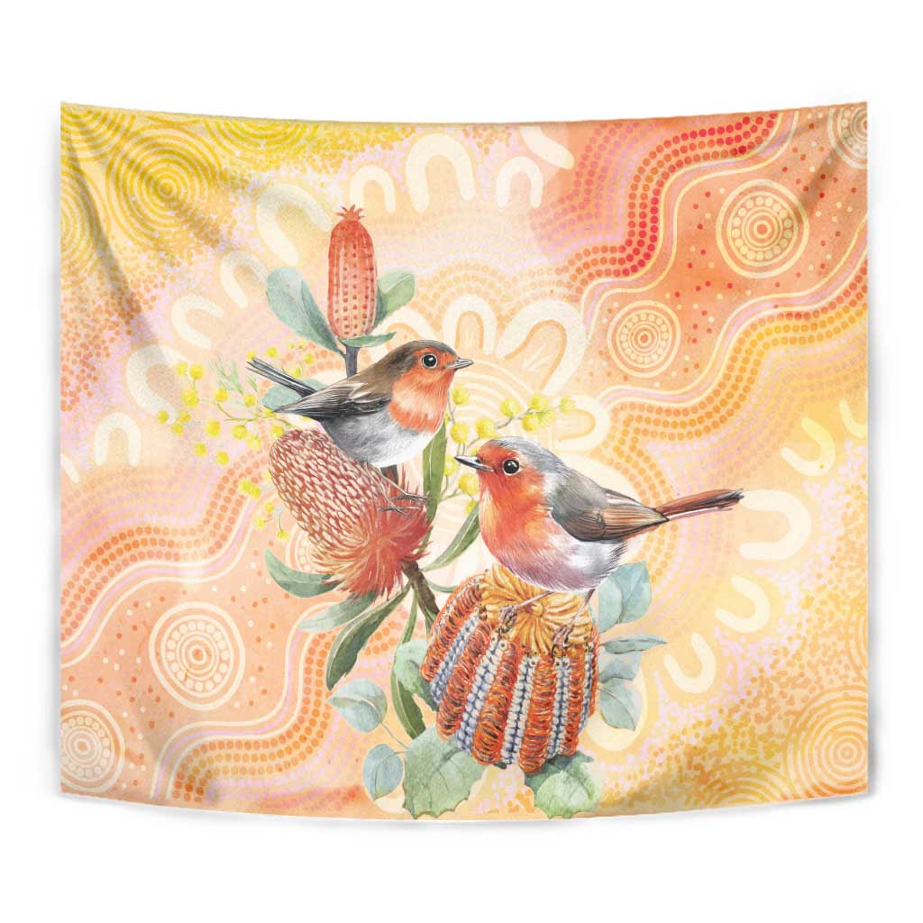 Australia Flame Robin Tapestry Petroica Phoenicea Banksia Indigenous Art - Aussie Hoodie