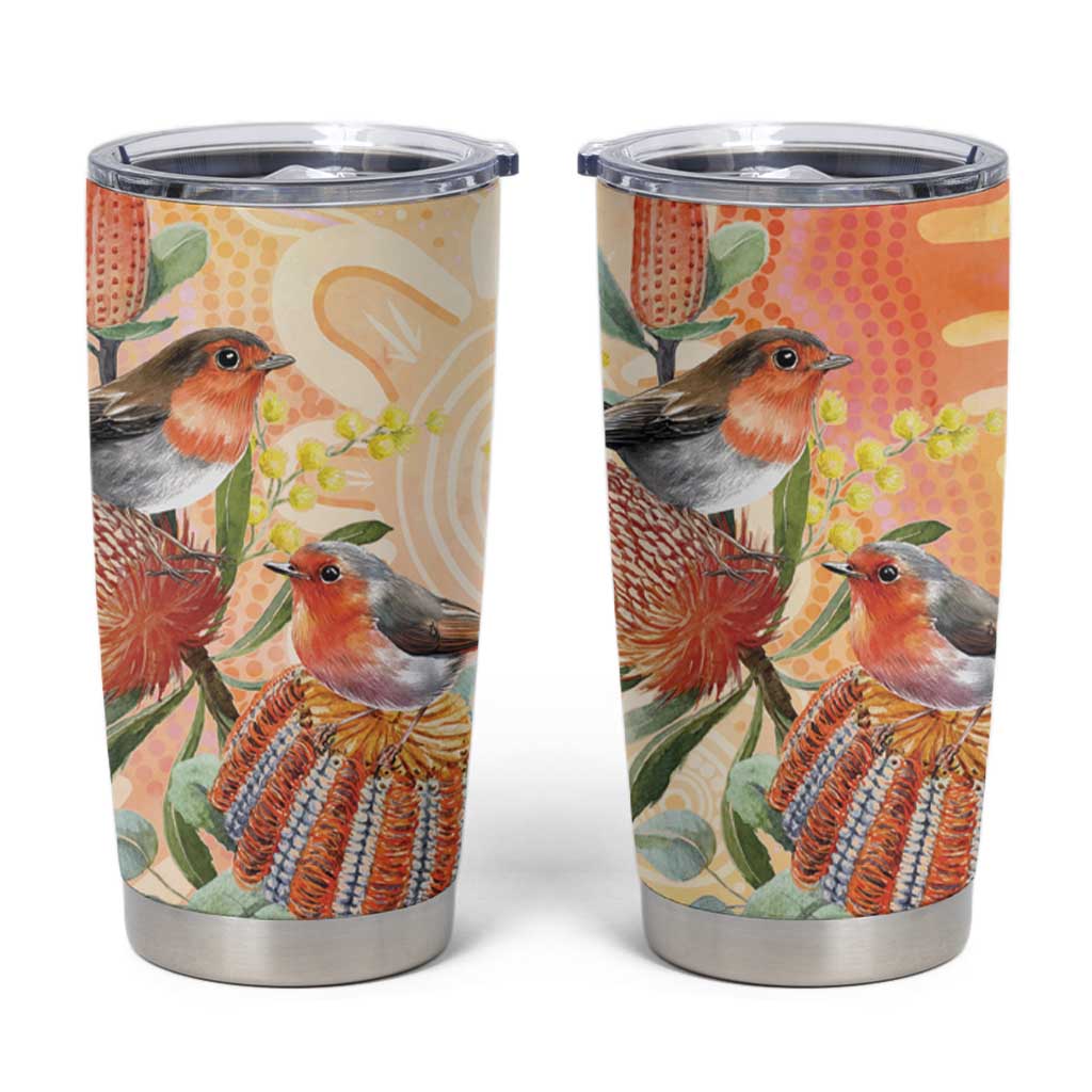 Australia Flame Robin Tumbler Cup Petroica Phoenicea Banksia Indigenous Art - Aussie Hoodie