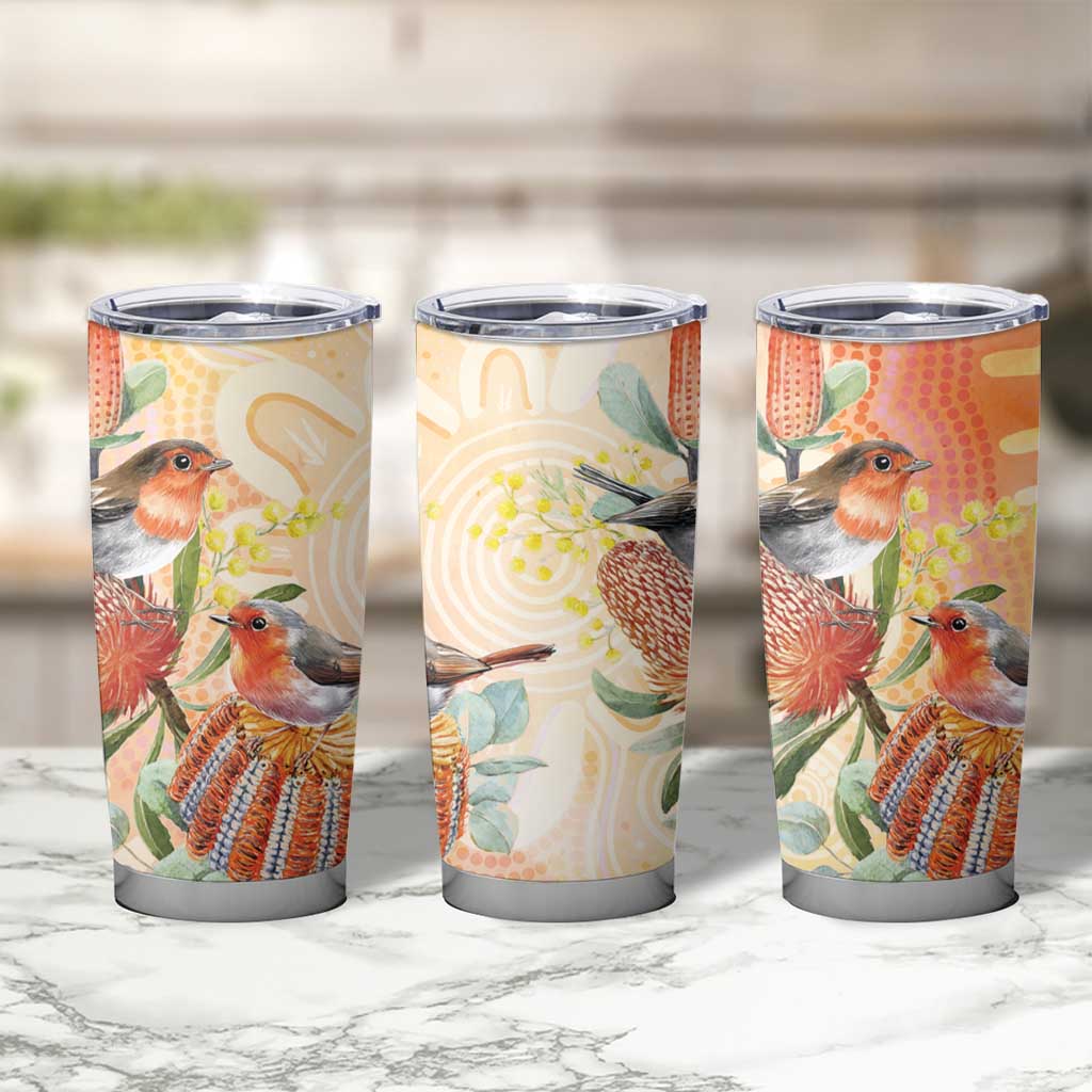 Australia Flame Robin Tumbler Cup Petroica Phoenicea Banksia Indigenous Art - Aussie Hoodie