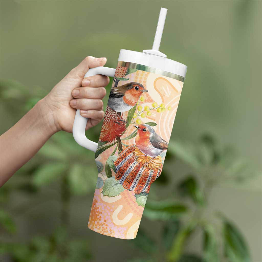 Australia Flame Robin Tumbler With Handle Petroica Phoenicea Banksia Indigenous Art - Aussie Hoodie