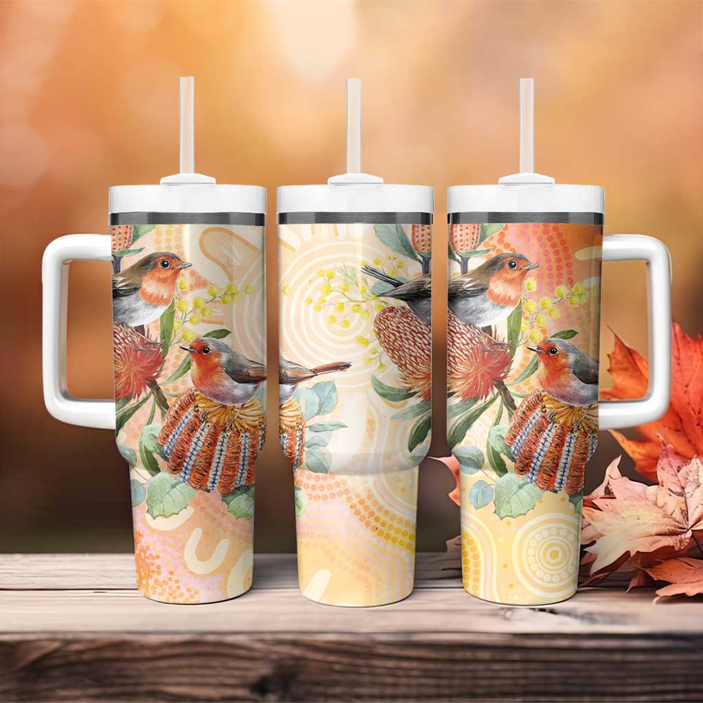 Australia Flame Robin Tumbler With Handle Petroica Phoenicea Banksia Indigenous Art - Aussie Hoodie