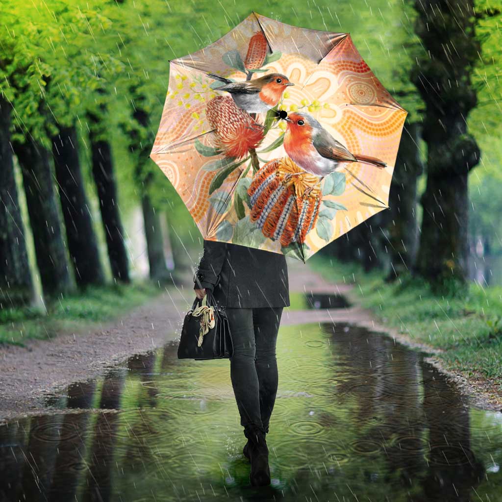 Australia Flame Robin Umbrella Petroica Phoenicea Banksia Indigenous Art - Aussie Hoodie