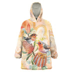 Australia Flame Robin Wearable Blanket Hoodie Petroica Phoenicea Banksia Indigenous Art - Aussie Hoodie