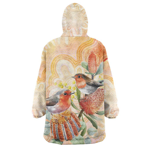 Australia Flame Robin Wearable Blanket Hoodie Petroica Phoenicea Banksia Indigenous Art - Aussie Hoodie