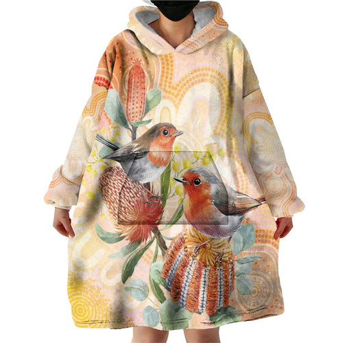 Australia Flame Robin Wearable Blanket Hoodie Petroica Phoenicea Banksia Indigenous Art - Aussie Hoodie