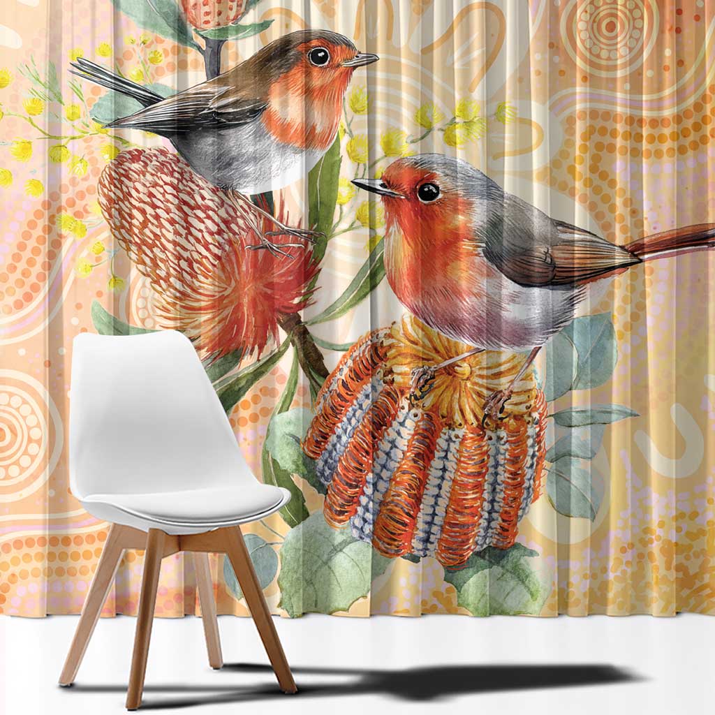 Australia Flame Robin Window Curtain Petroica Phoenicea Banksia Indigenous Art - Aussie Hoodie