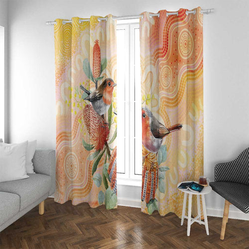 Australia Flame Robin Window Curtain Petroica Phoenicea Banksia Indigenous Art - Aussie Hoodie