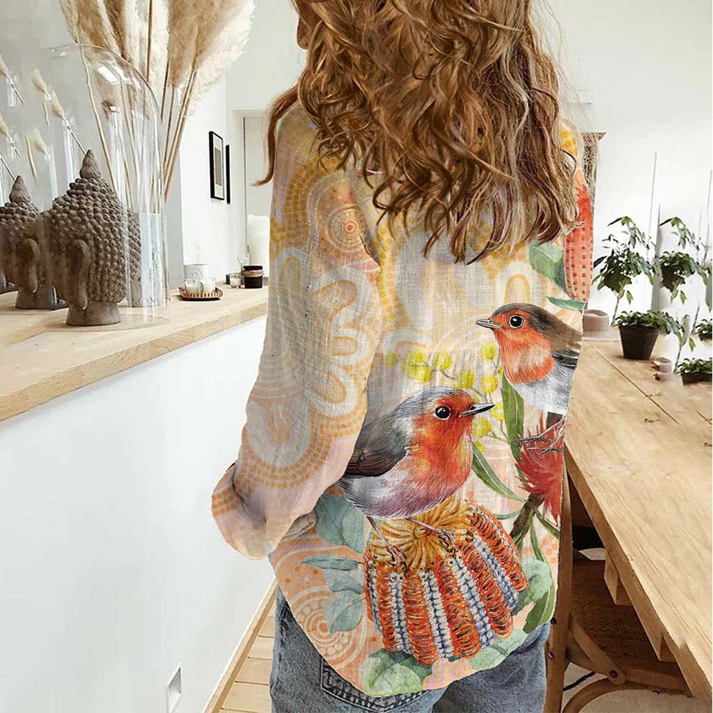 Australia Flame Robin Women Casual Shirt Petroica Phoenicea Banksia Indigenous Art - Aussie Hoodie