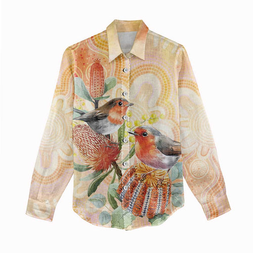 Australia Flame Robin Women Casual Shirt Petroica Phoenicea Banksia Indigenous Art - Aussie Hoodie
