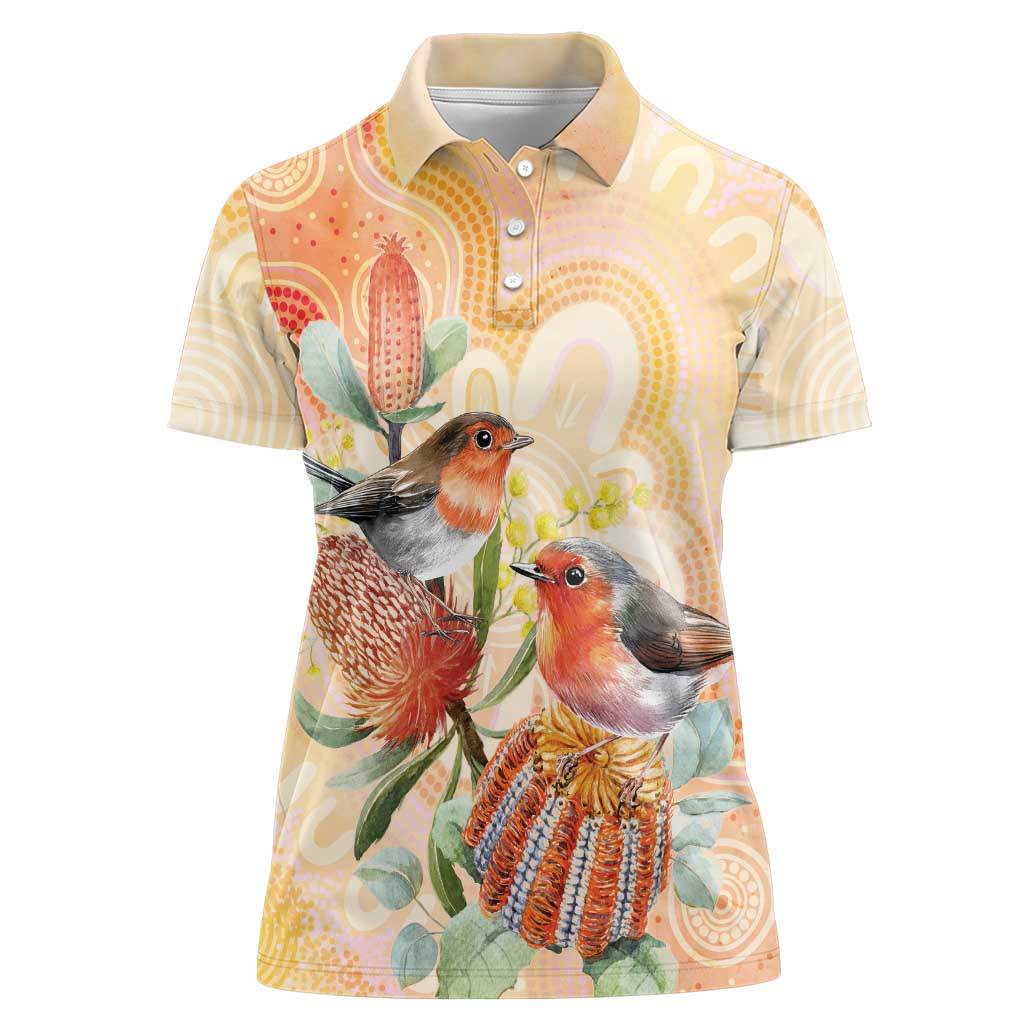 Australia Flame Robin Women Polo Shirt Petroica Phoenicea Banksia Indigenous Art - Aussie Hoodie