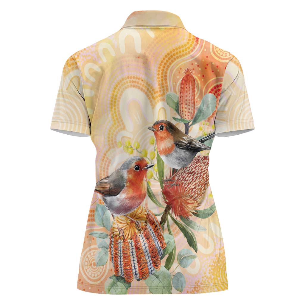 Australia Flame Robin Women Polo Shirt Petroica Phoenicea Banksia Indigenous Art - Aussie Hoodie