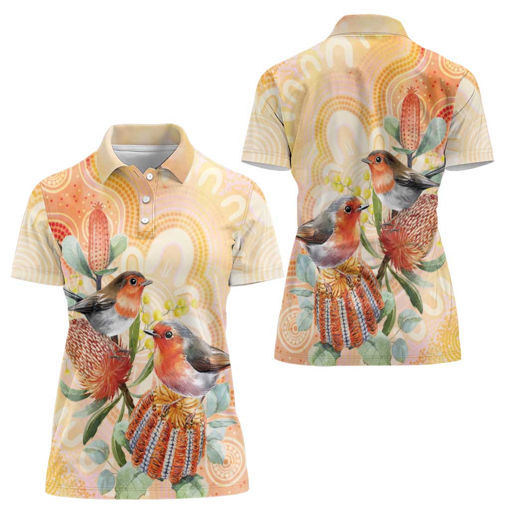 Australia Flame Robin Women Polo Shirt Petroica Phoenicea Banksia Indigenous Art - Aussie Hoodie