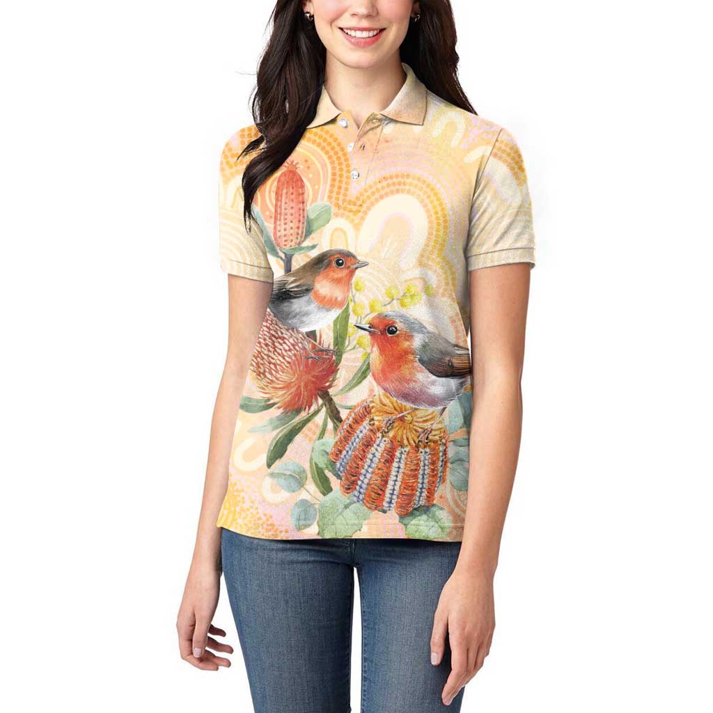 Australia Flame Robin Women Polo Shirt Petroica Phoenicea Banksia Indigenous Art - Aussie Hoodie