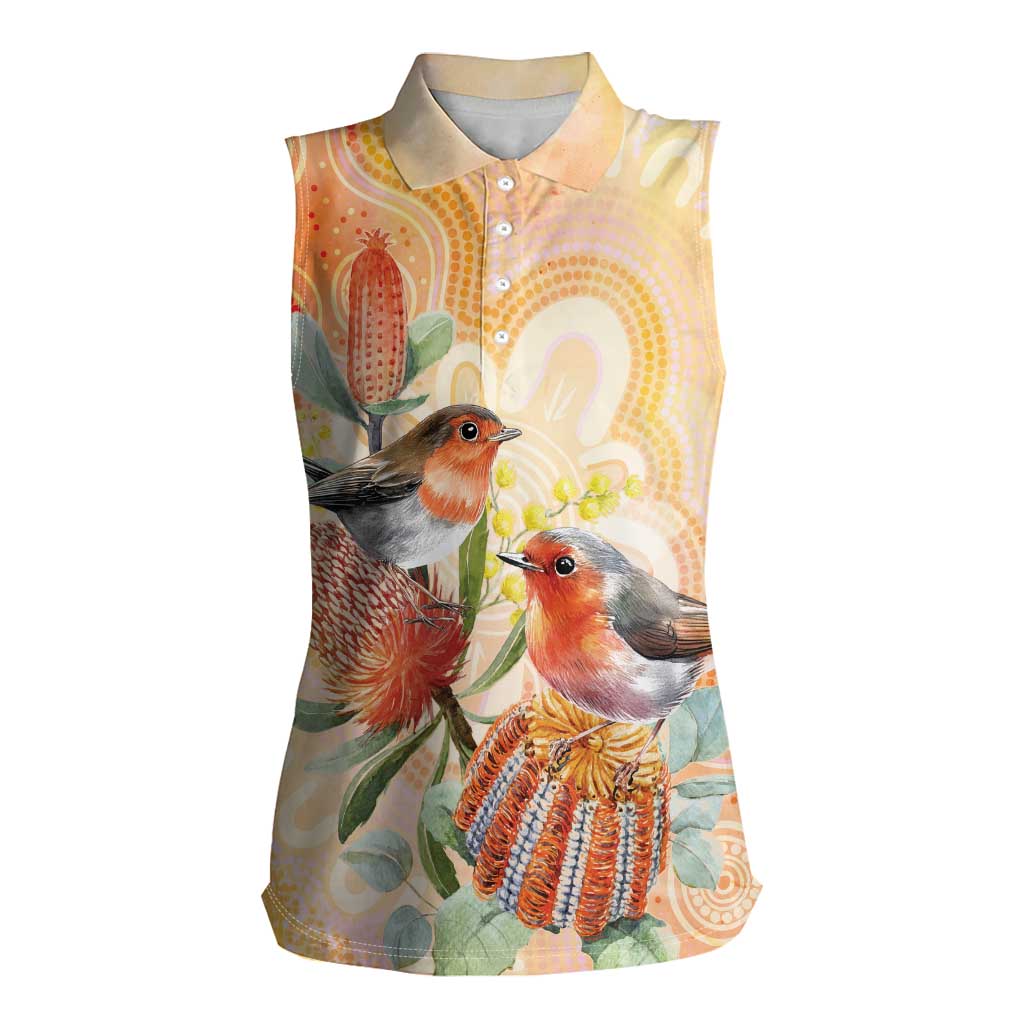 Australia Flame Robin Women Sleeveless Polo Shirt Petroica Phoenicea Banksia Indigenous Art - Aussie Hoodie
