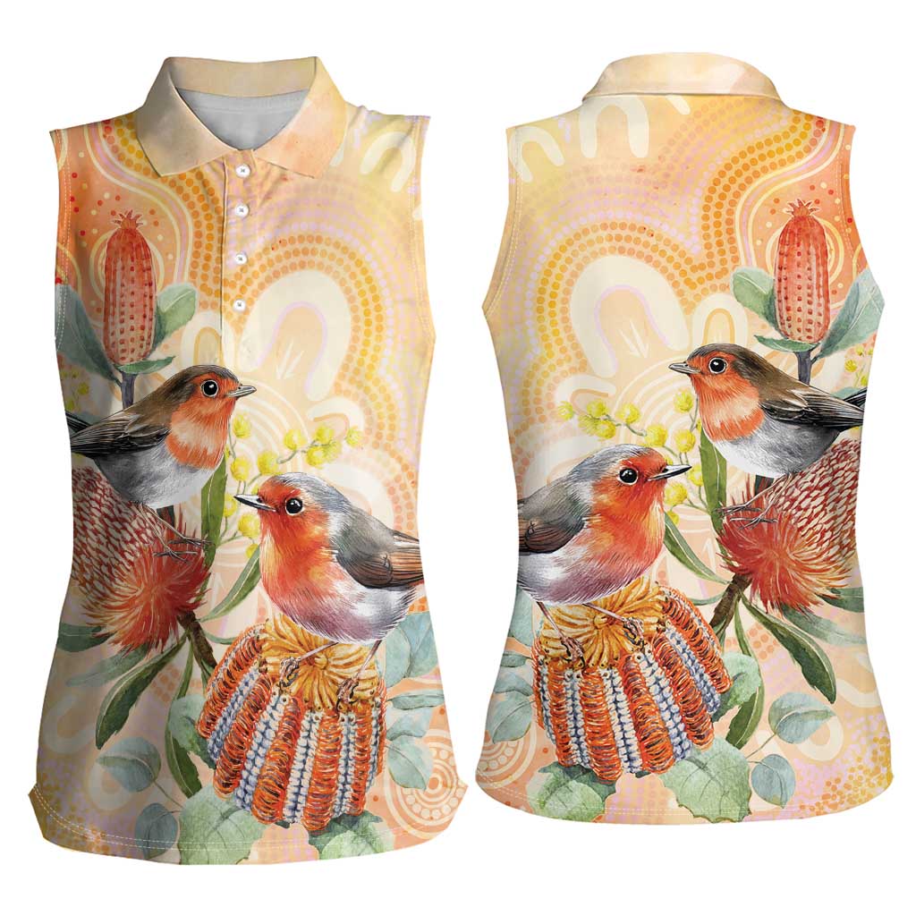 Australia Flame Robin Women Sleeveless Polo Shirt Petroica Phoenicea Banksia Indigenous Art - Aussie Hoodie