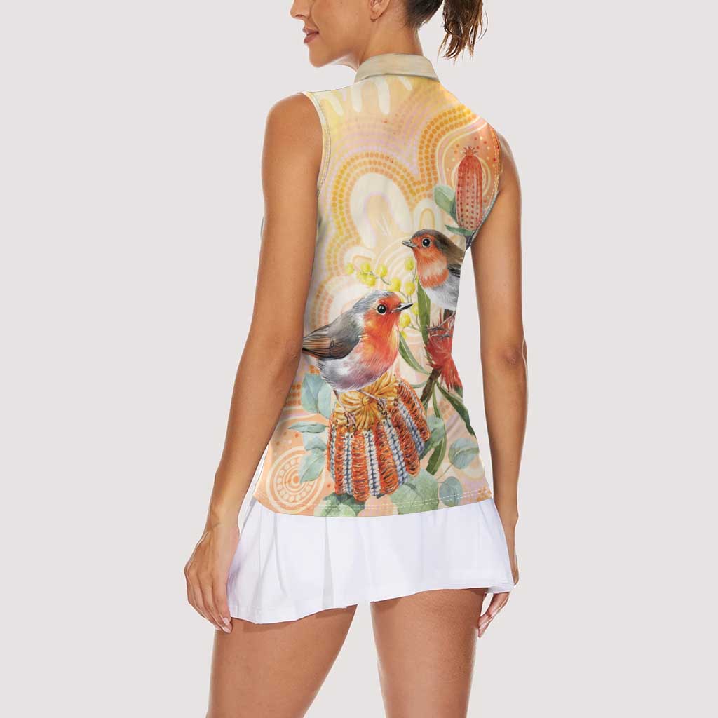 Australia Flame Robin Women Sleeveless Polo Shirt Petroica Phoenicea Banksia Indigenous Art - Aussie Hoodie