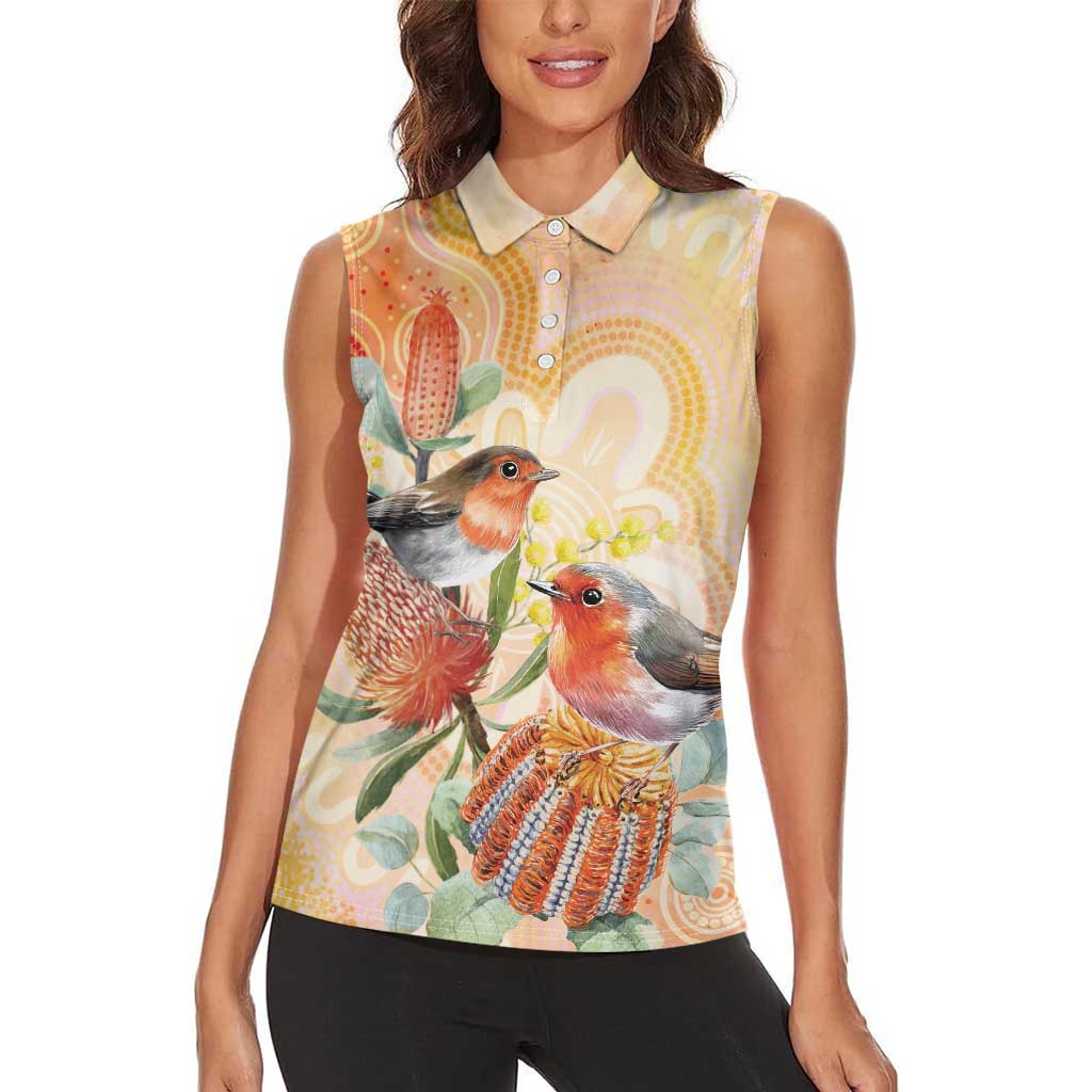 Australia Flame Robin Women Sleeveless Polo Shirt Petroica Phoenicea Banksia Indigenous Art - Aussie Hoodie