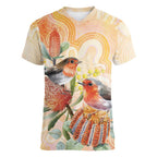 Australia Flame Robin Women V-Neck T-Shirt Petroica Phoenicea Banksia Indigenous Art - Aussie Hoodie
