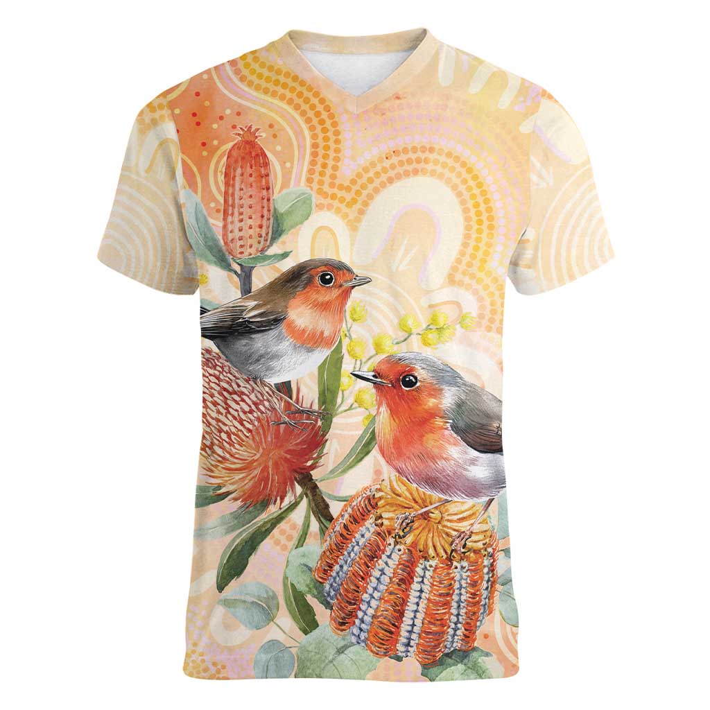Australia Flame Robin Women V-Neck T-Shirt Petroica Phoenicea Banksia Indigenous Art - Aussie Hoodie