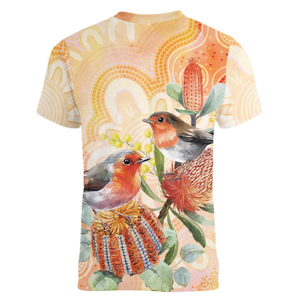 Australia Flame Robin Women V-Neck T-Shirt Petroica Phoenicea Banksia Indigenous Art - Aussie Hoodie