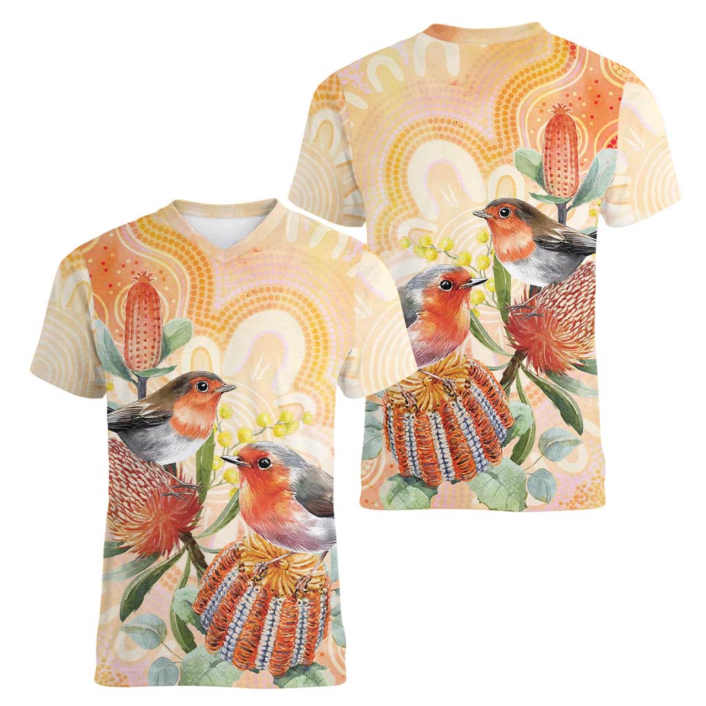 Australia Flame Robin Women V-Neck T-Shirt Petroica Phoenicea Banksia Indigenous Art - Aussie Hoodie