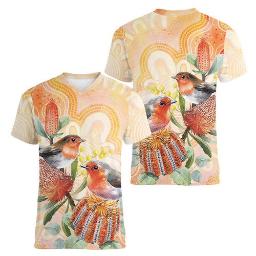 Australia Flame Robin Women V-Neck T-Shirt Petroica Phoenicea Banksia Indigenous Art - Aussie Hoodie