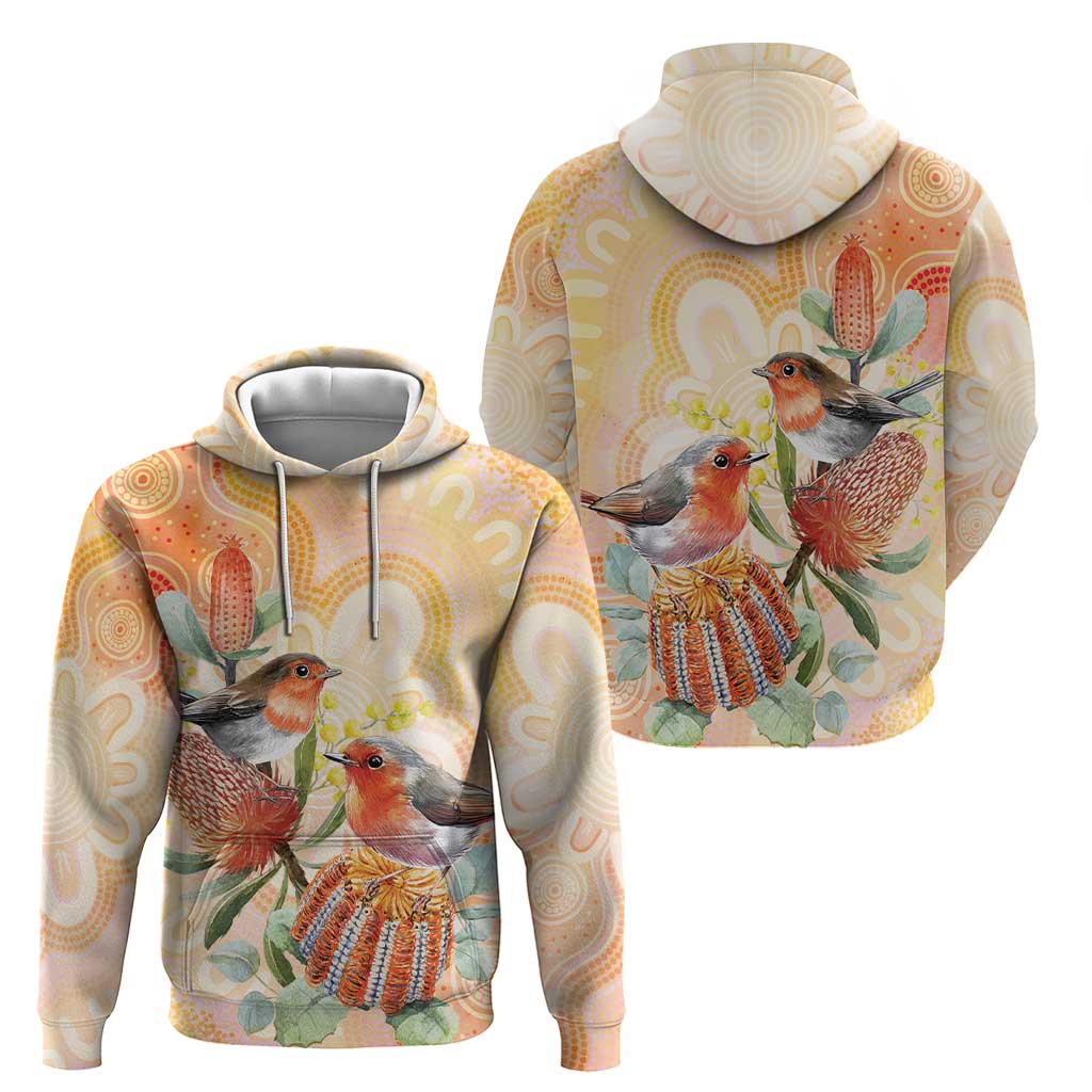 Australia Flame Robin Zip Hoodie Petroica Phoenicea Banksia Indigenous Art - Aussie Hoodie