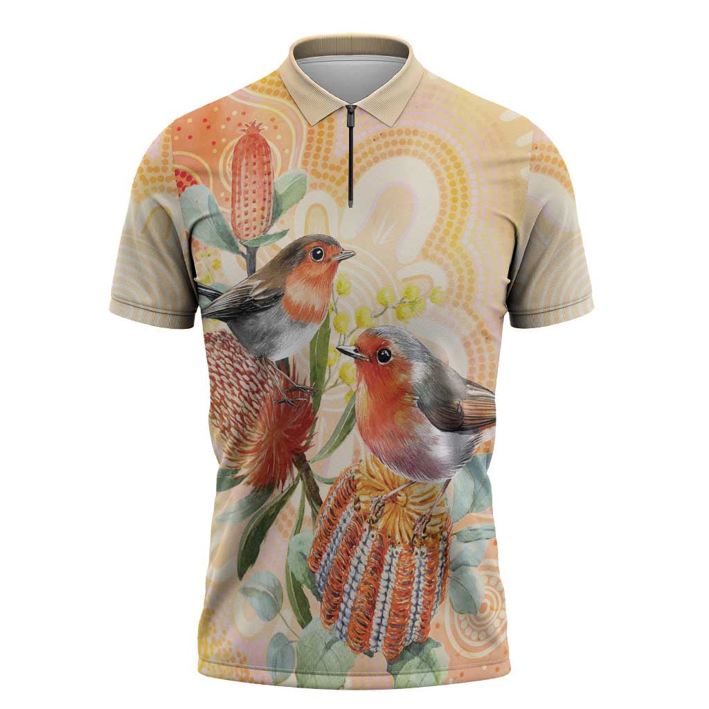 Australia Flame Robin Zipper Polo Shirt Petroica Phoenicea Banksia Indigenous Art - Aussie Hoodie