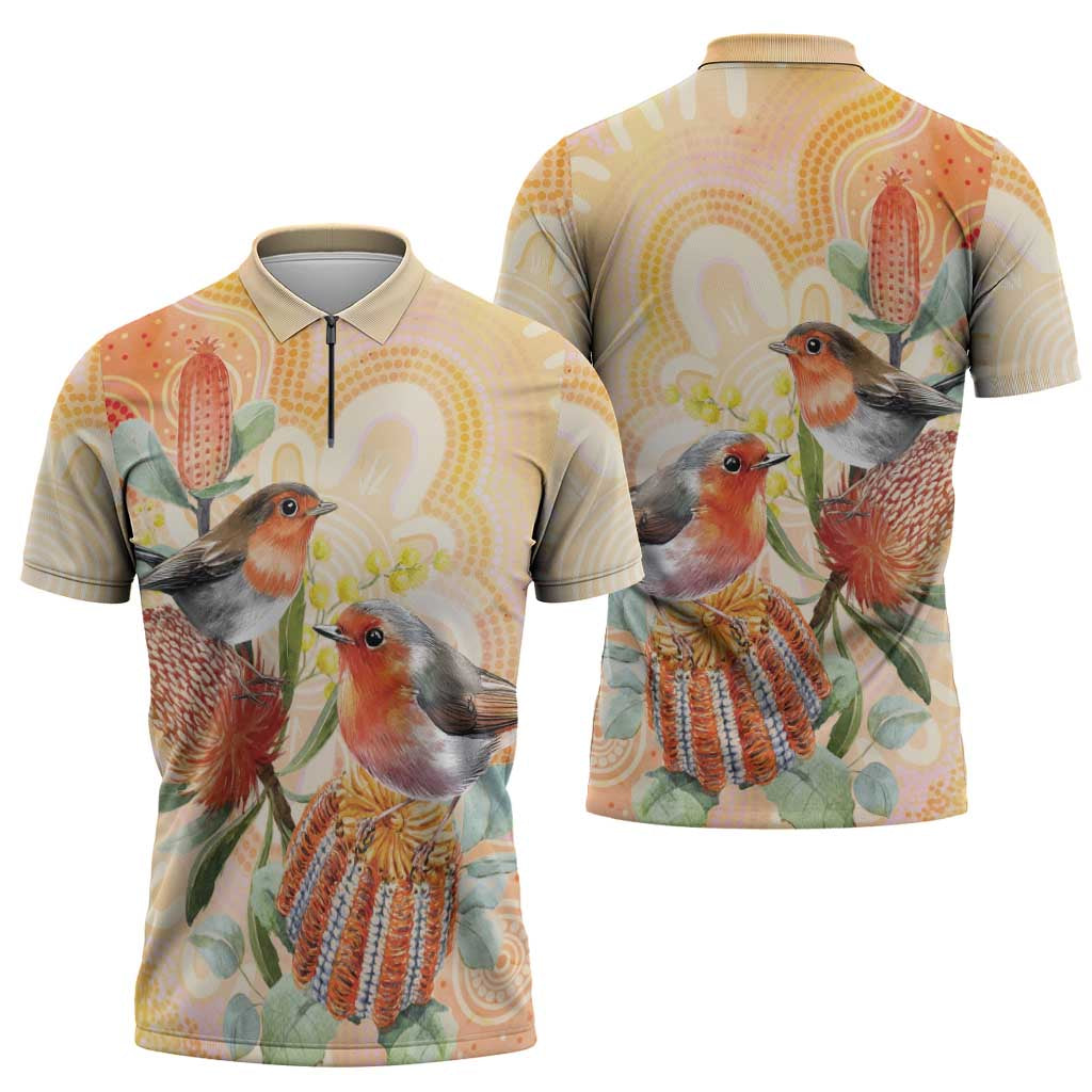 Australia Flame Robin Zipper Polo Shirt Petroica Phoenicea Banksia Indigenous Art - Aussie Hoodie