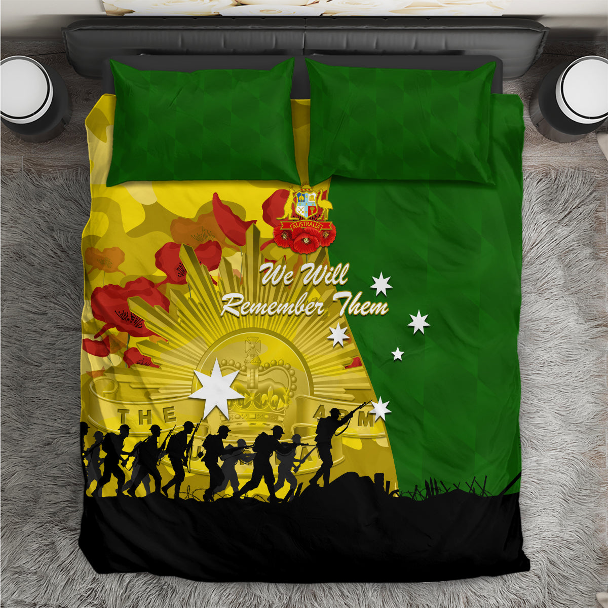 Australia Cricket ANZAC Day 2024 Bedding Set Australian Army Camouflage With Poppies
