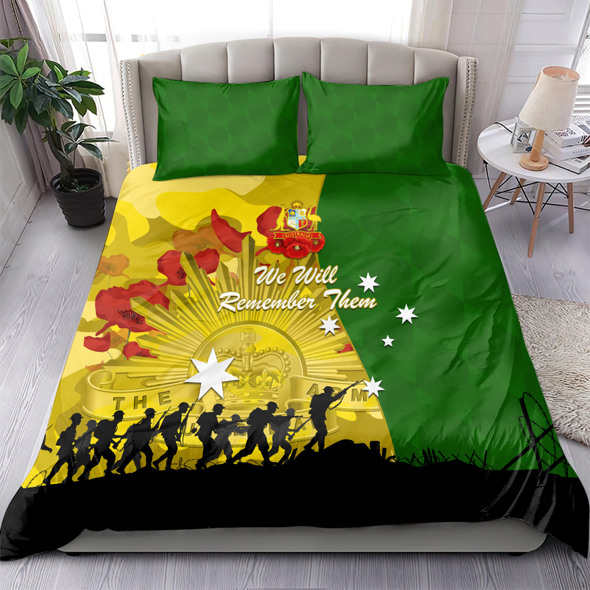 Australia Cricket ANZAC Day 2024 Bedding Set Australian Army Camouflage With Poppies