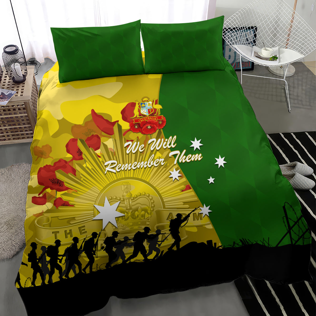 Australia Cricket ANZAC Day 2024 Bedding Set Australian Army Camouflage With Poppies