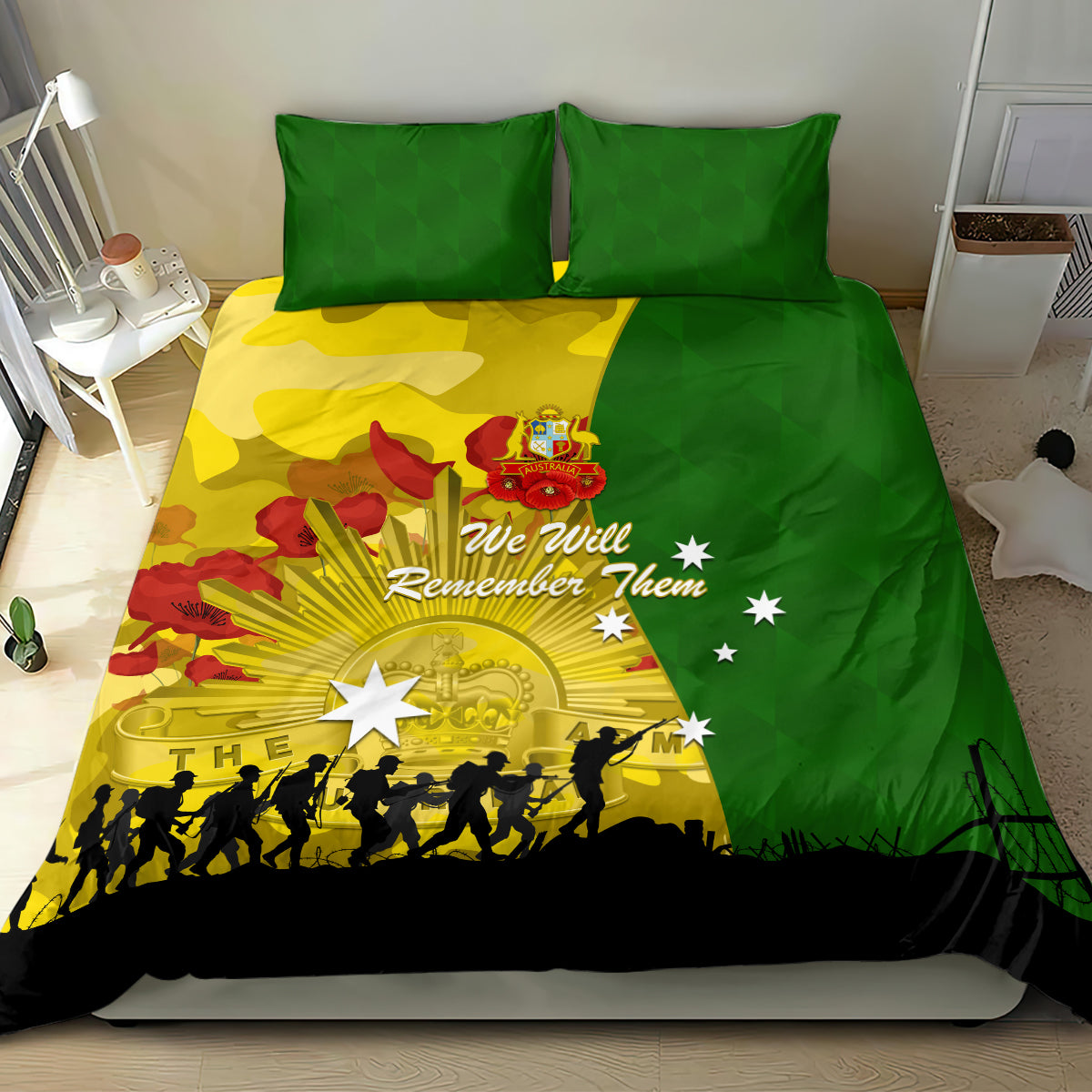 Australia Cricket ANZAC Day 2024 Bedding Set Australian Army Camouflage With Poppies