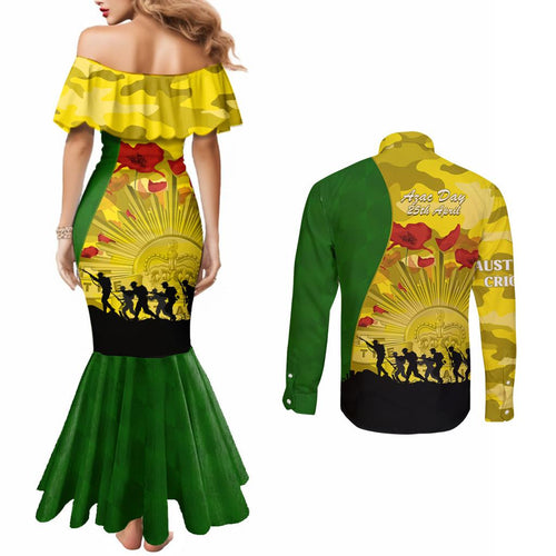 Australia Cricket ANZAC Day 2024 Couples Matching Mermaid Dress and Long Sleeve Button Shirt Australian Army Camouflage With Poppies